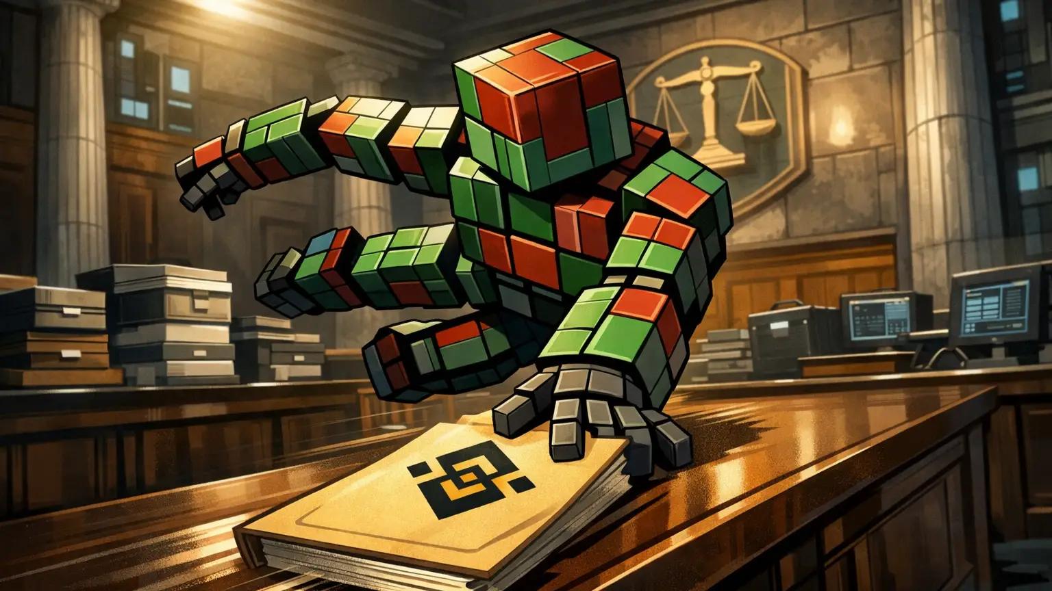 Binance lawsuit robot vaulting across courtroom initiating defamation legal battle