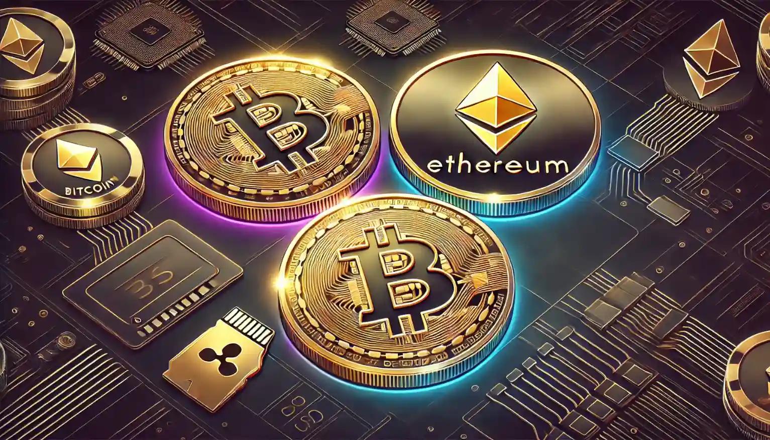 Bitcoin, Ethereum, and Ripple coins on a tech-inspired digital background