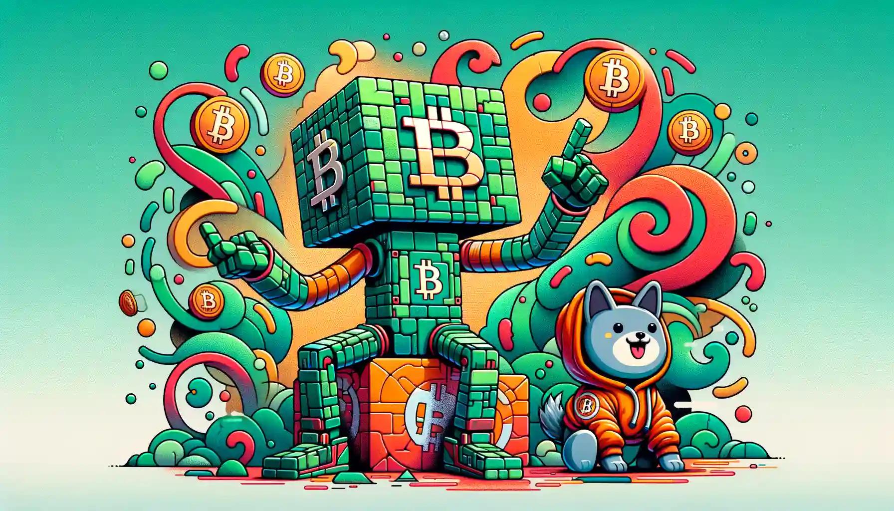 Bitcoin-themed robot next to dog in Bitcoin hoodie, gesturing happily