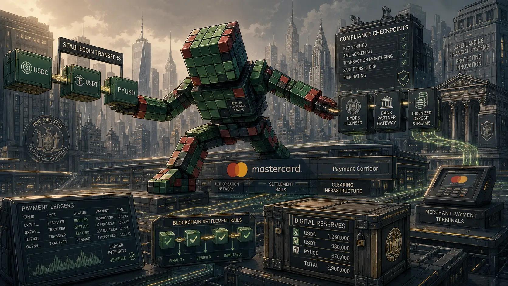 Blockchain payment flow in futuristic city