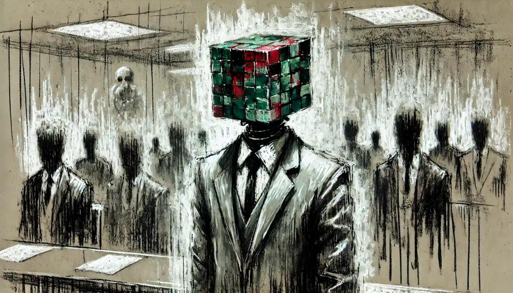 Charcoal-drawn robot in a courtroom, surrounded by shadowy figures