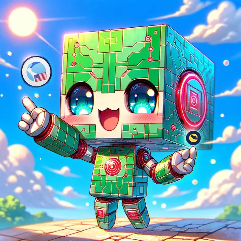 Chibi cubic humanoid robot joyfully holding LUNA and LUNC coins against a bright blue sky