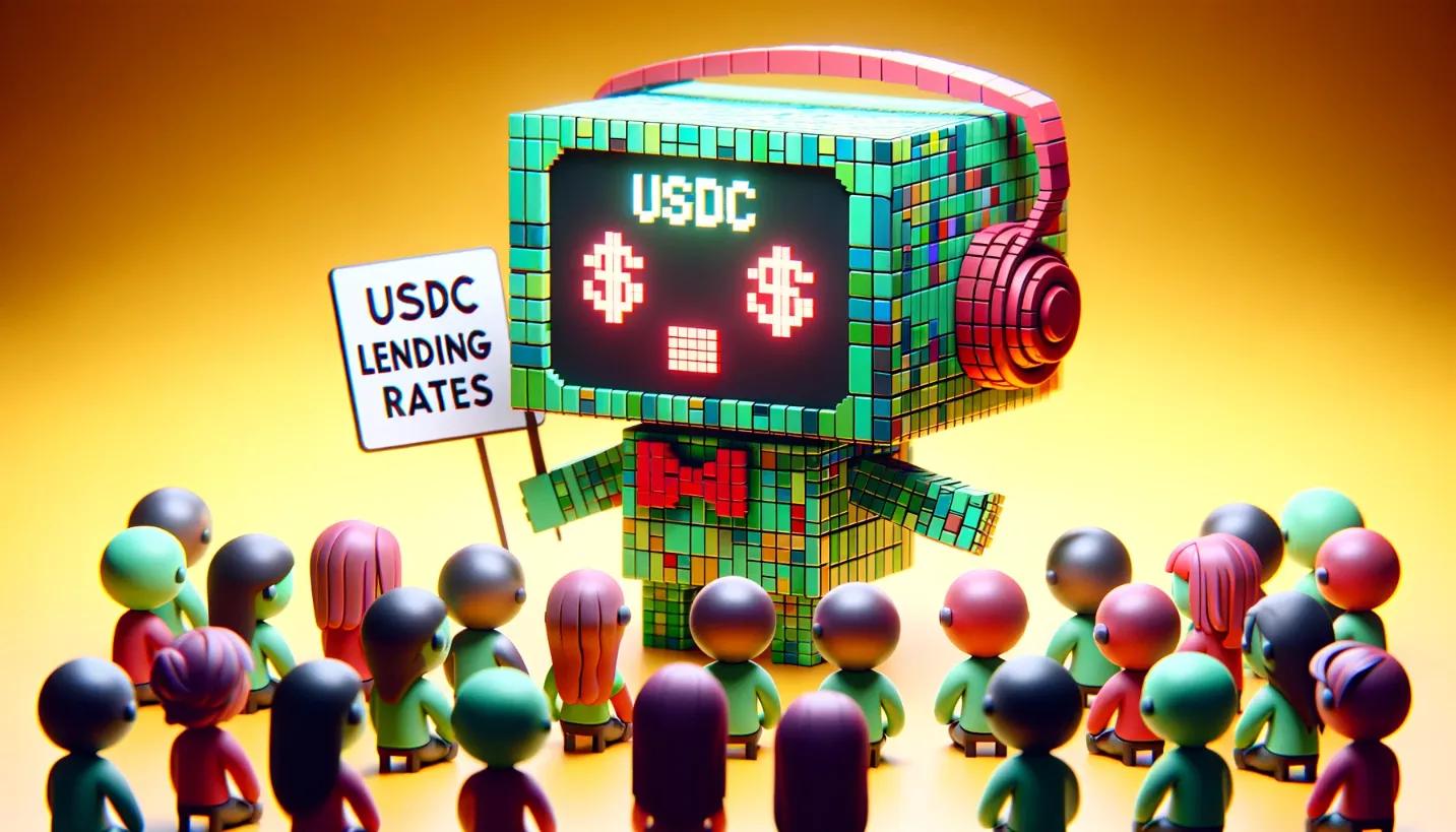 Chibi cubic robot animatedly discussing USDC lending rates with an audience