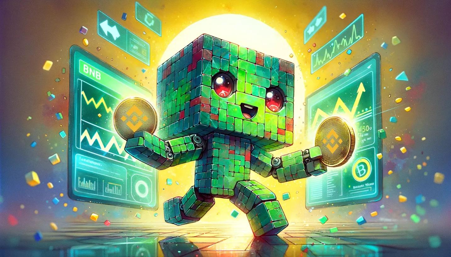 Chibi cubic robot excitedly analyzing BNB trends in a futuristic setting, symbolizing how to buy BNB