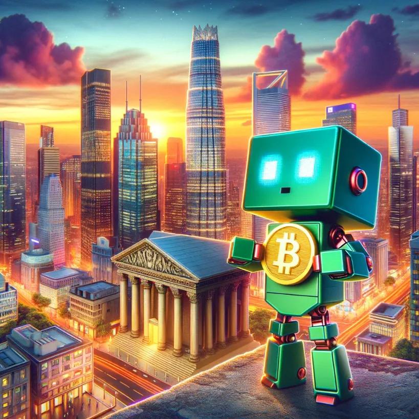 Chibi cubic robot holding Bitcoin and bank building against a watercolor sunset cityscape