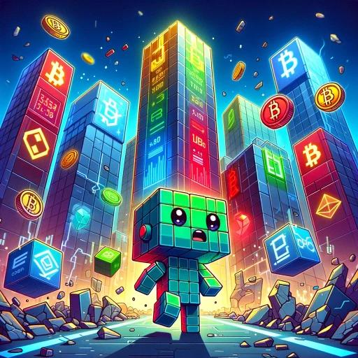 Chibi cubic robot in a digital crypto city turmoil, depicting the Terra bankruptcy