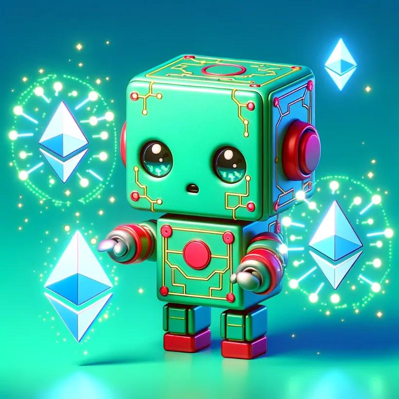 Chibi cubic robot in green and red, engaging with Ethereum-like digital elements against a bright contrasting background
