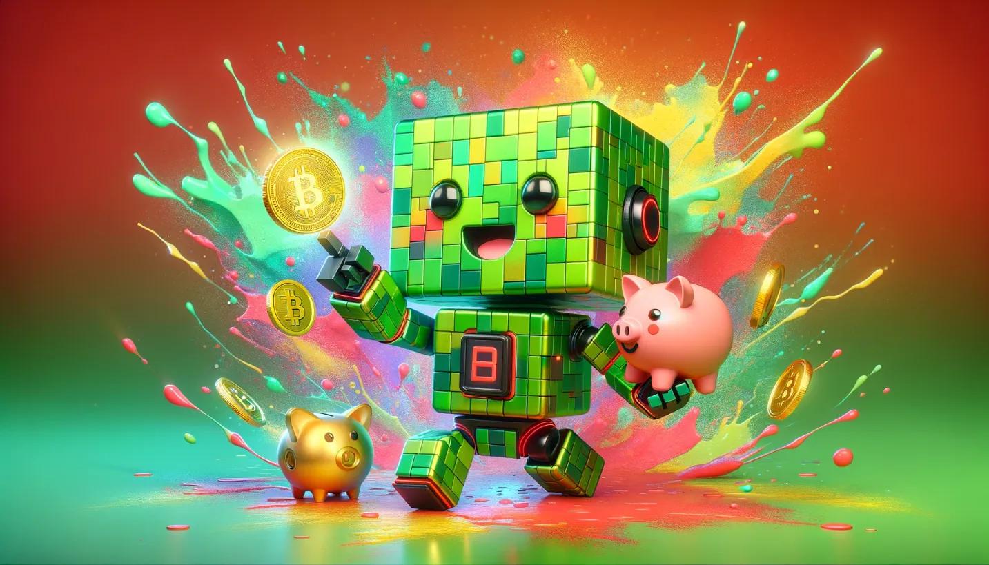 Chibi cubic robot joyfully holding cryptocurrency and piggy bank, demonstrating how to cash out MetaMask