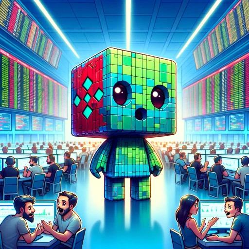 Chibi cubic robot on Binance trading floor, reflecting CZ's legal turmoil