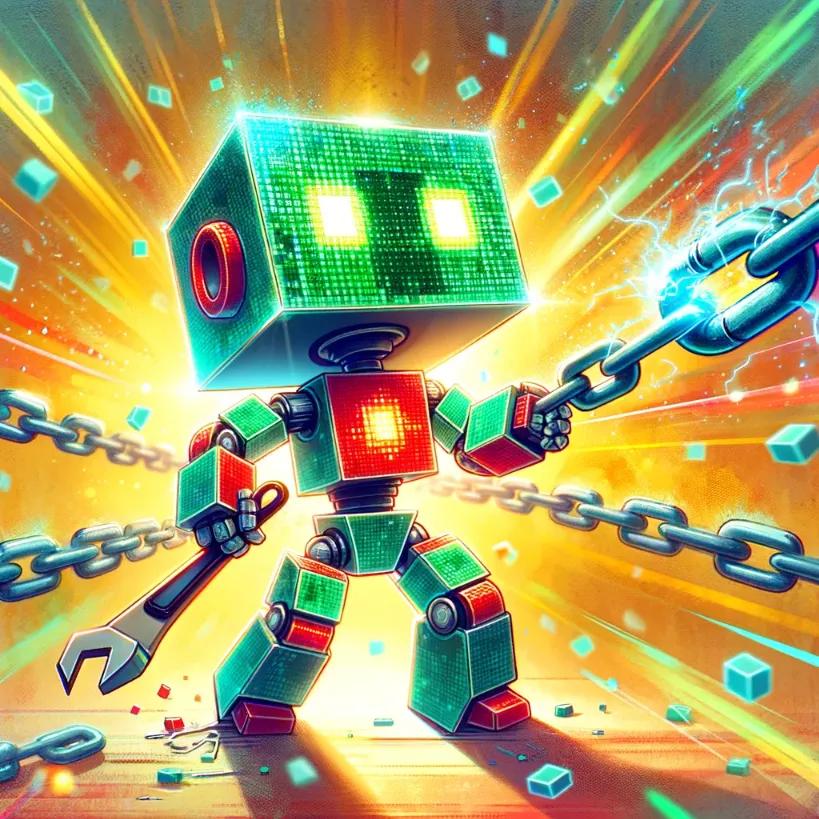 Chibi cubic robot repairing digital chain in a bright digital world