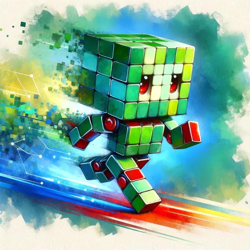 Chibi cubic robot showing rapid changes and adjustments