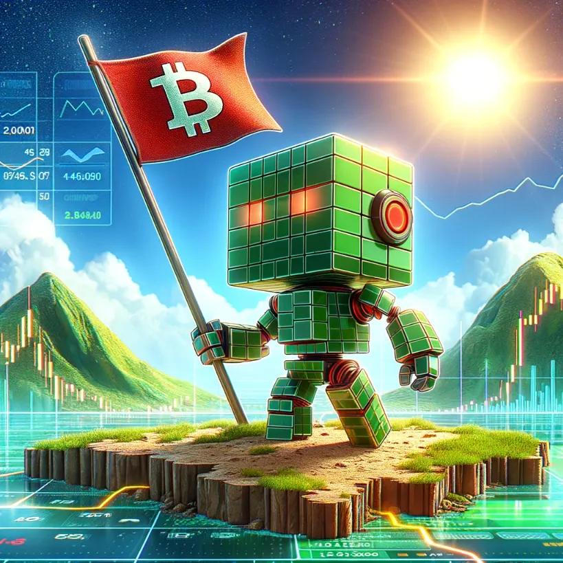 Chibi cubic robot with Bitcoin flag on digital terrain against bright sky