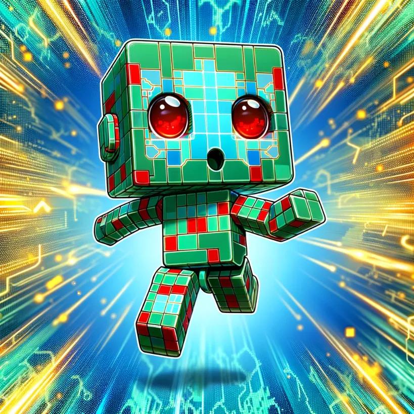 Chibi cubic robot with green and red design, leaping in surprise against a bright digital background