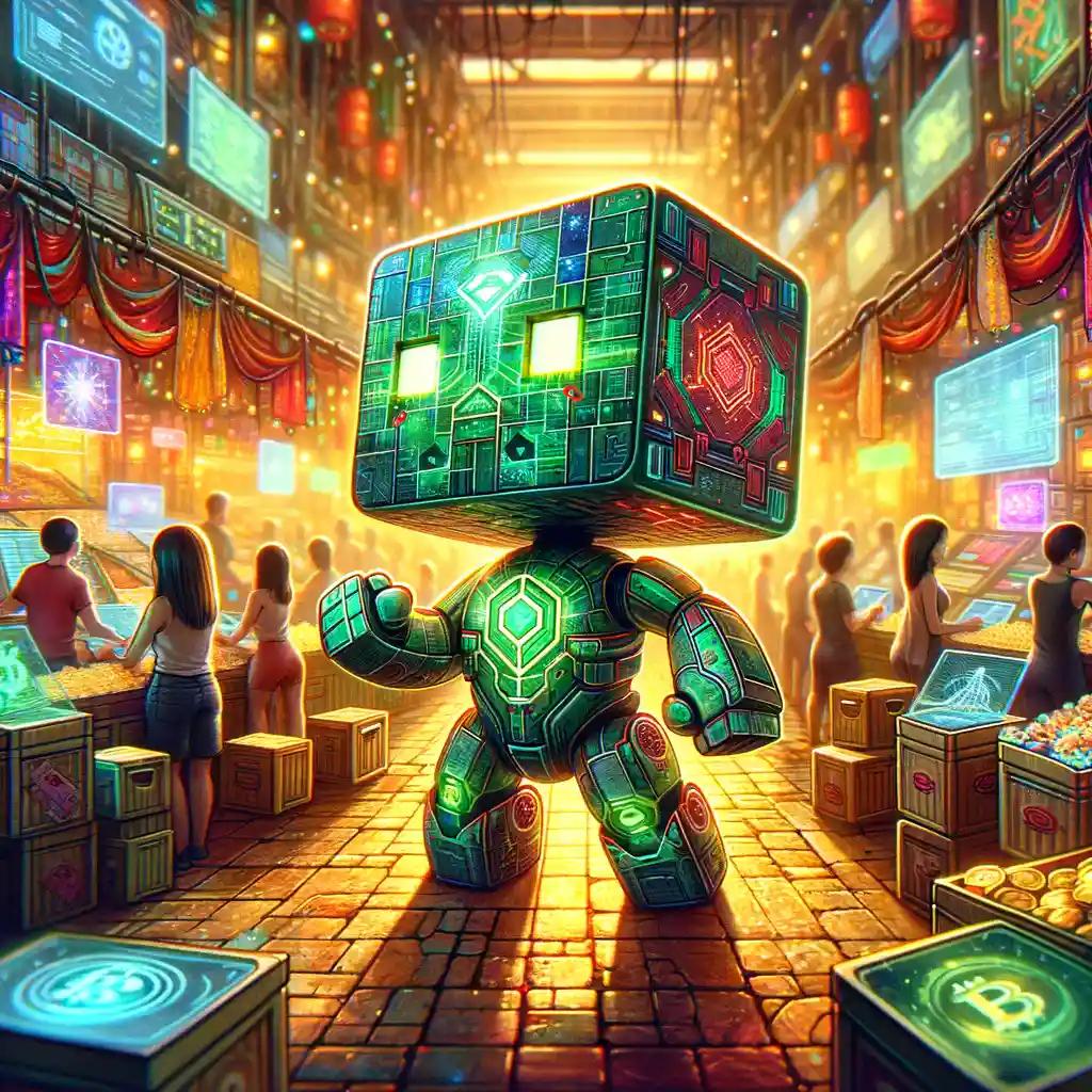 Chibi cubic-styled robot, embodying the vibrant energy of the Jupiter token market