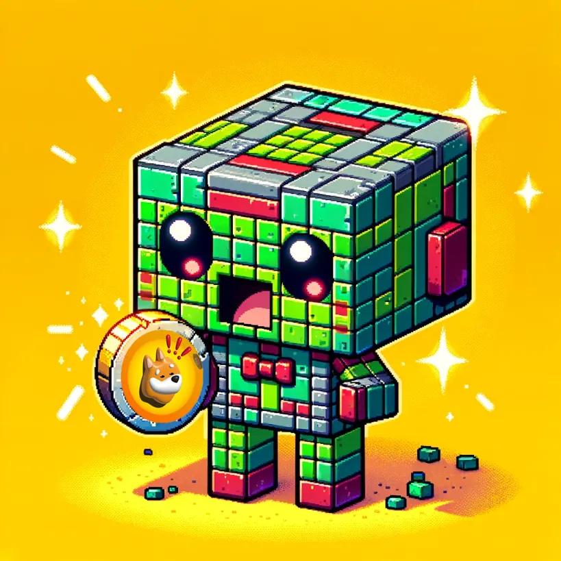 Chibi cubic-styled robot in green and red, excitedly holding a BONK token, against a bright yellow background
