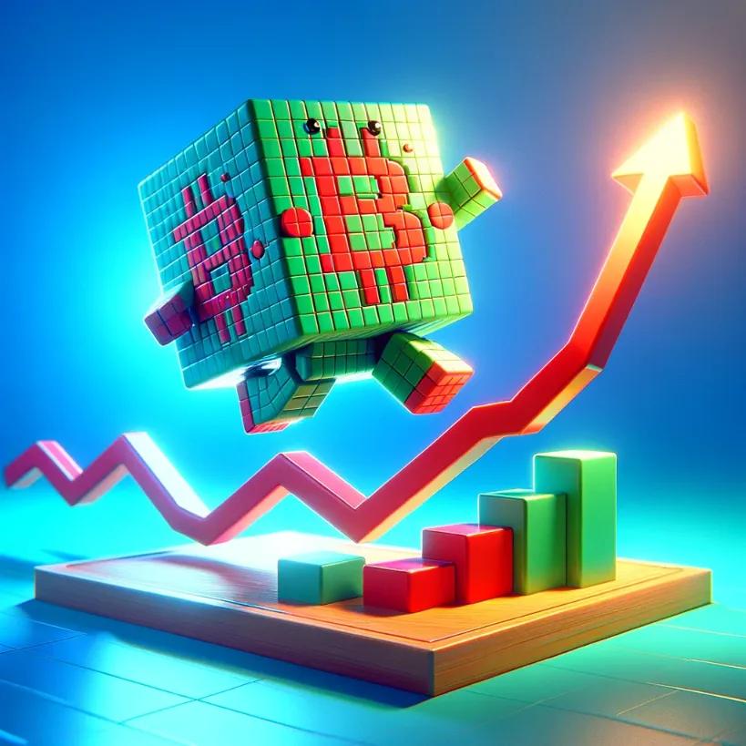Chibi cubic-styled robot joyfully jumping over Bitcoin ETF graph platforms, bright blue background