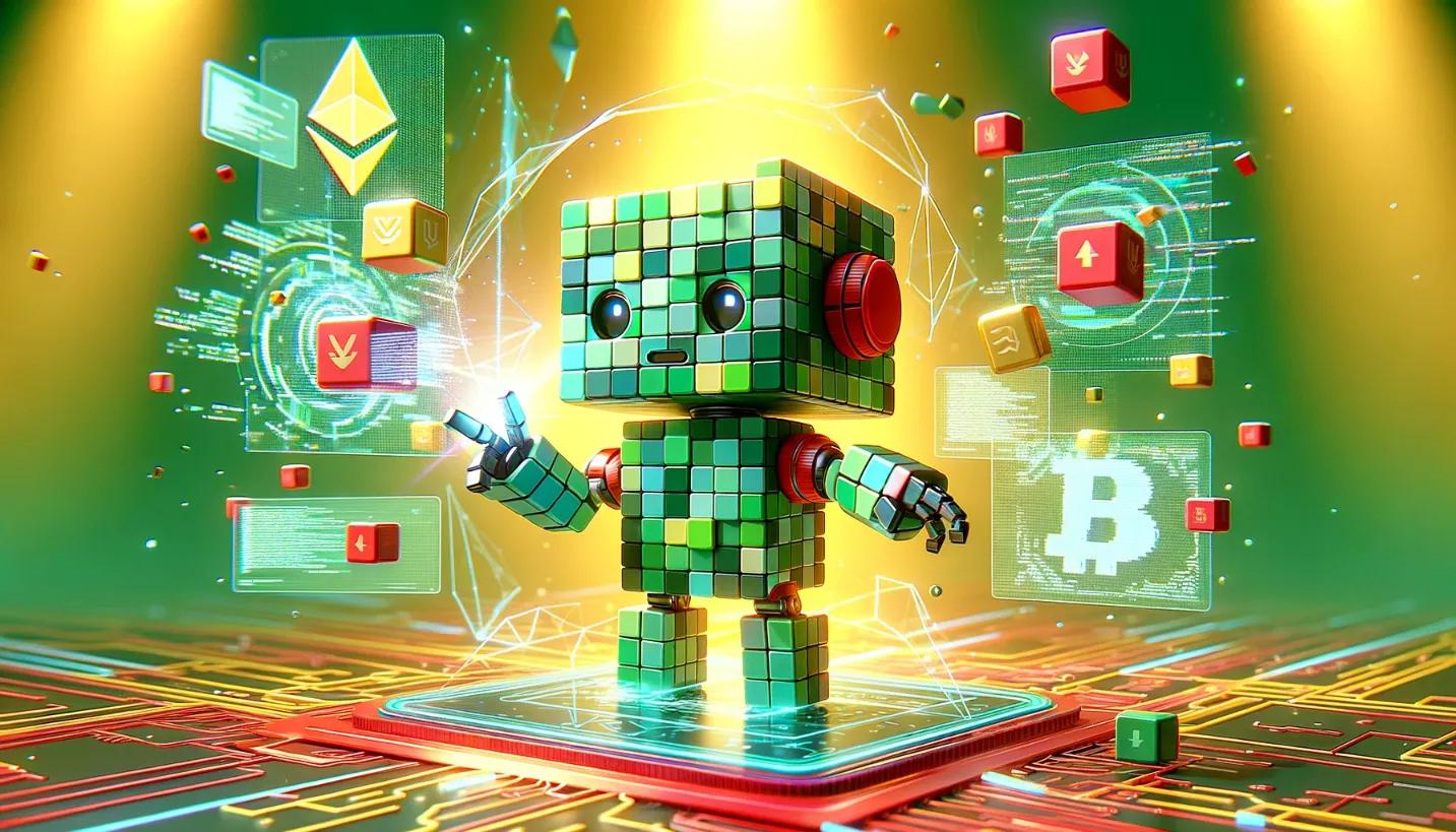Chibi cubic-styled robot programming on a holographic interface, representing Parallelized Ethereum Virtual Machine