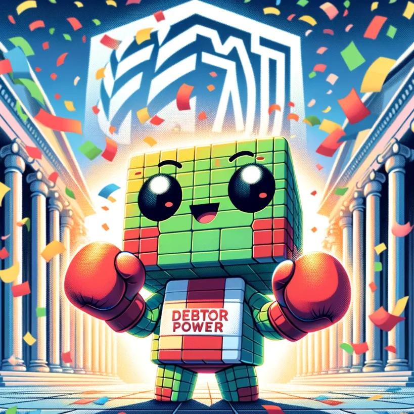 Chibi robot championing debtors' fight against the IRS amidst a hopeful confetti shower