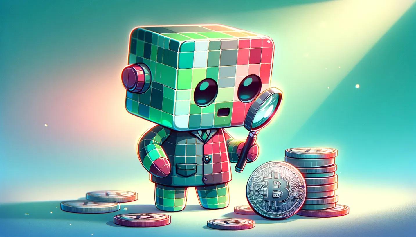 Chibi robot detective investigating crypto coins, aligning with report scam crypto exchange