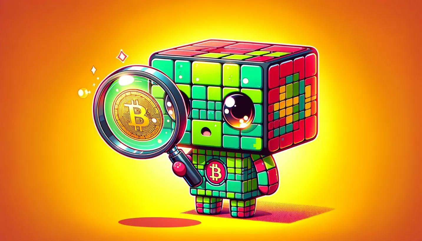 Chibi robot investigating Bitcoin, aligning with how to spot a bitcoin scammer