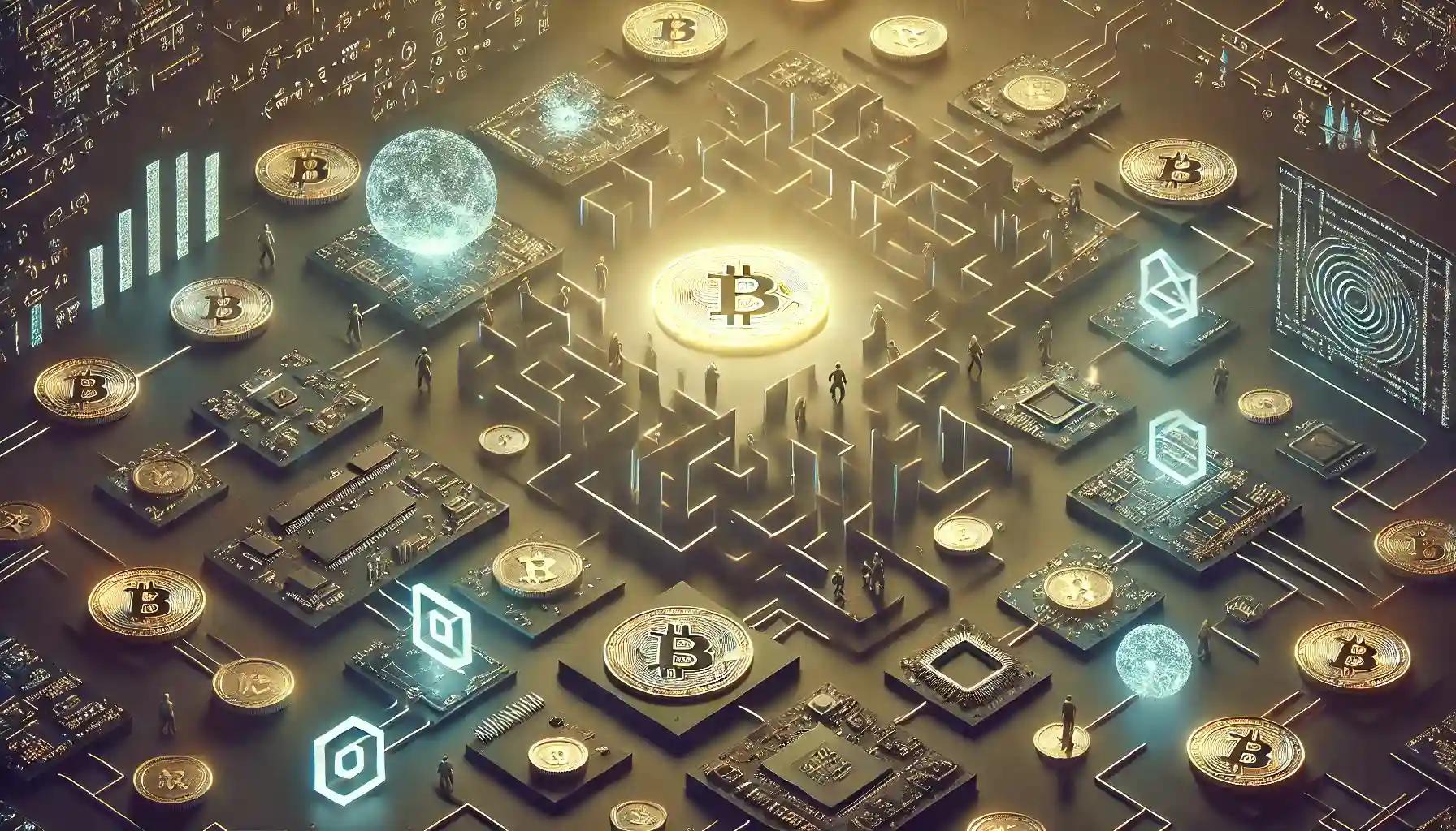 Circuit board maze with crypto walls and central volatility orb