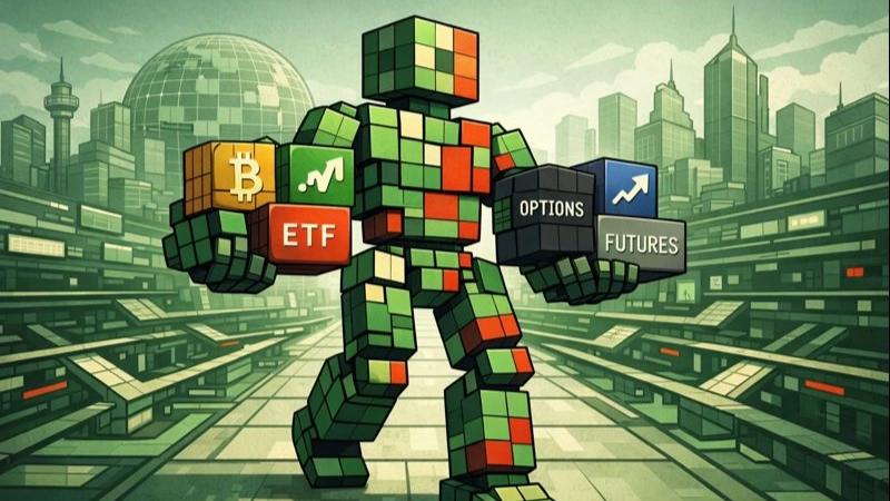 Coinbase robot balances global assets symbolizing everything exchange expansion strategy