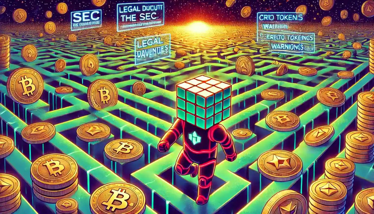 Crypto-finance labyrinth with glowing barriers challenges robotic trader