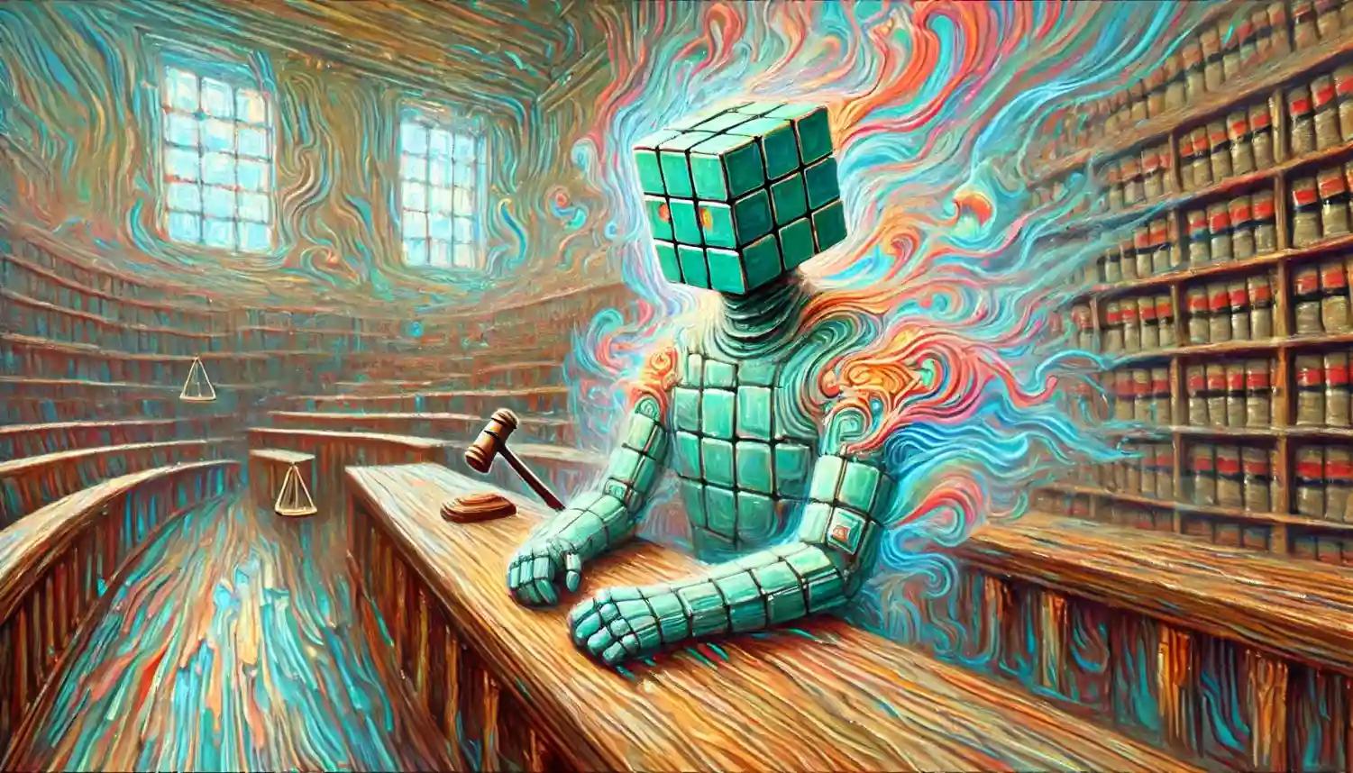 Crypto robot in swirling courtroom with digital tokens and law books