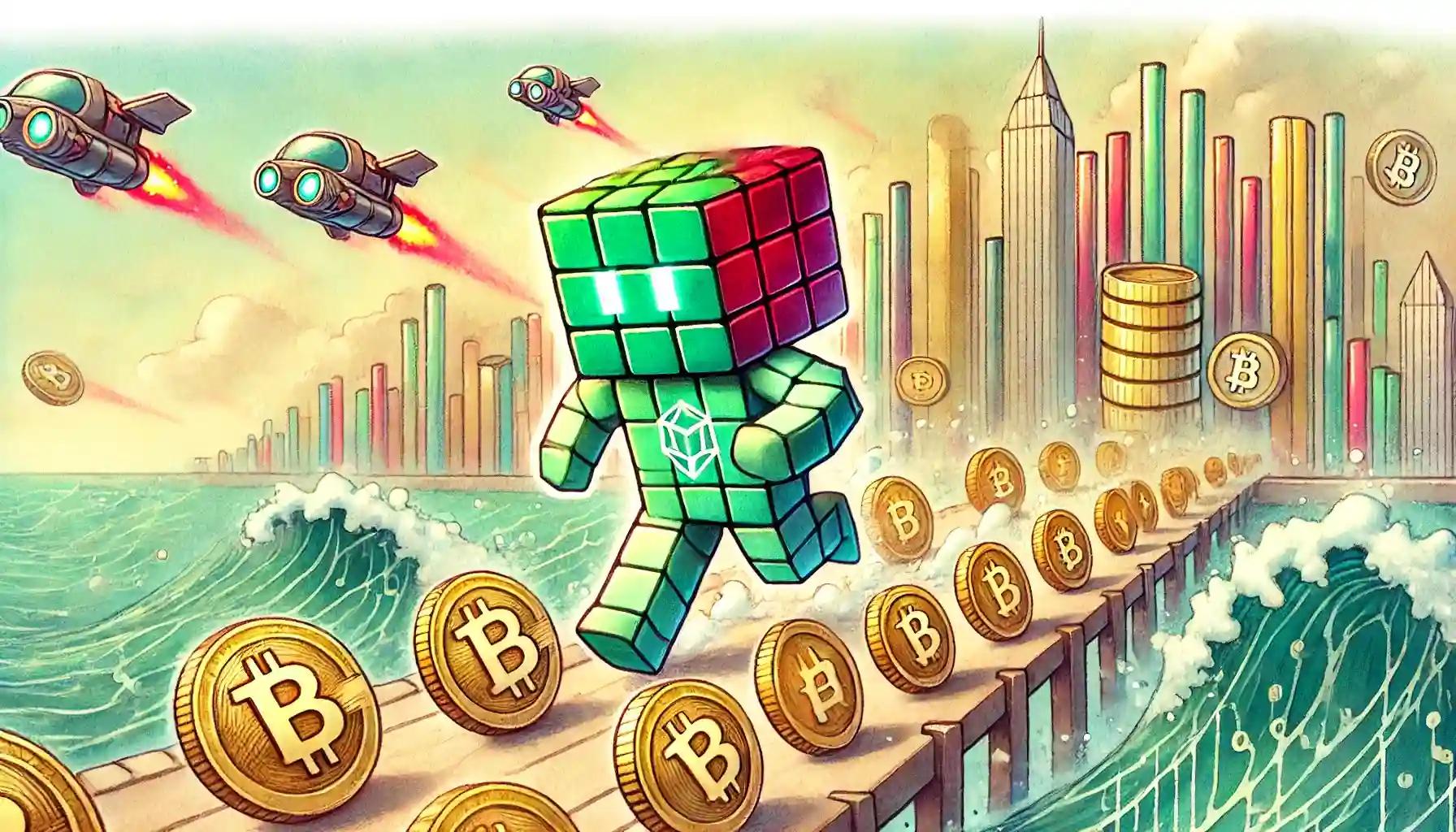 Crypto robot races on blockchain bridge, coin tsunami approaches, financial skyline looms