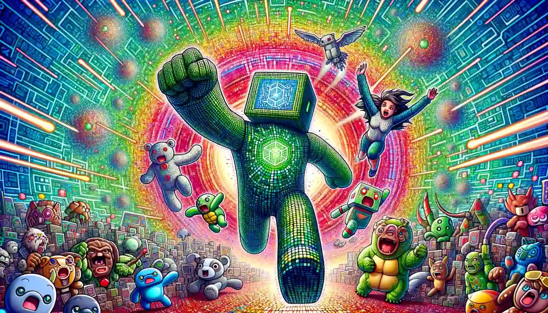 Cubic humanoid robot emerges from portal on Solana blockchain