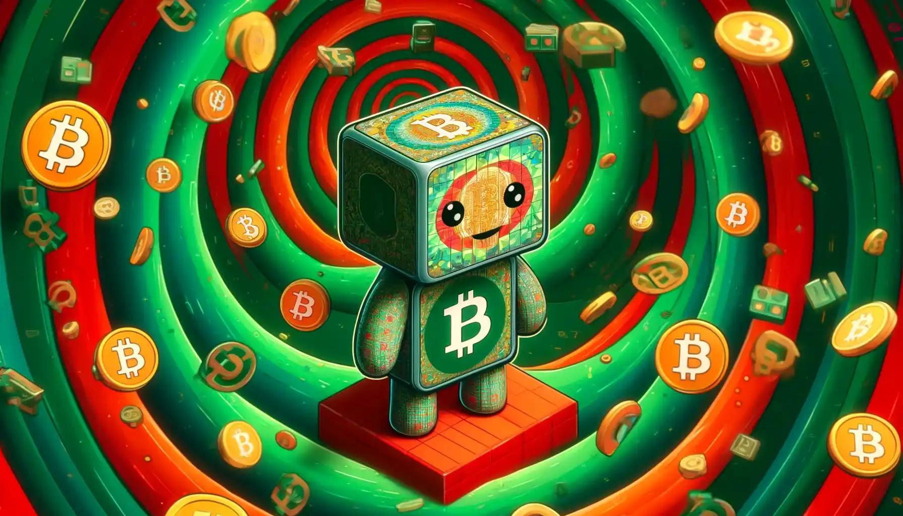 Cubic robot amidst Bitcoin vortex, symbolizing institutional crypto adoption