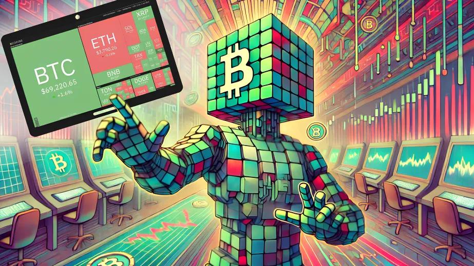 Cubic robot analyzes crypto heat map in futuristic trading room