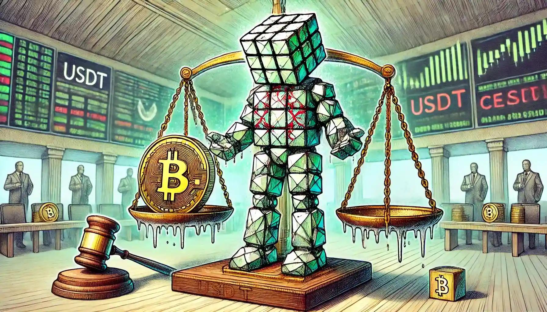 Cubic robot balances Tether and Celsius on scale, judges watch