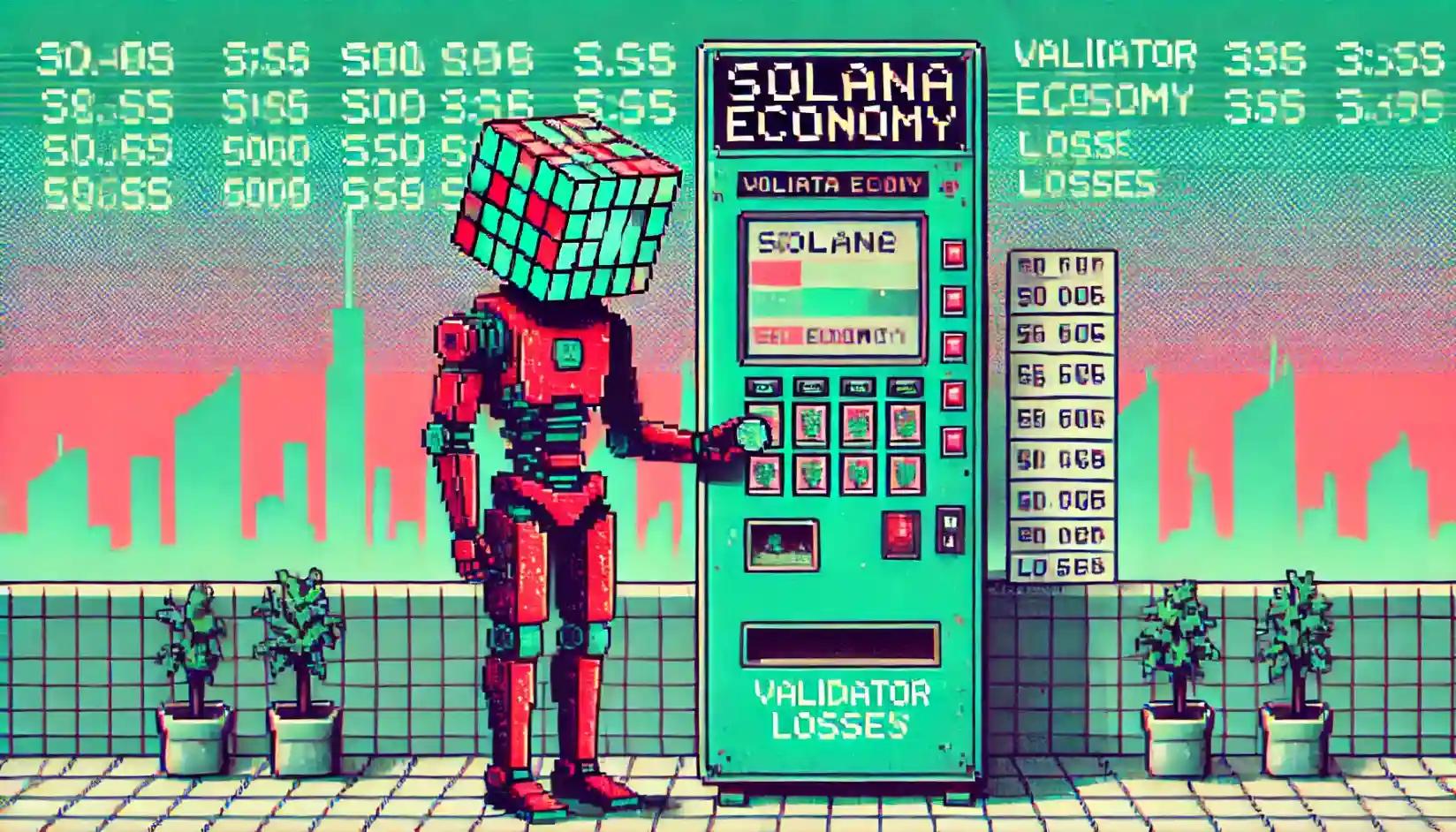 Cubic robot before a glitching Solana vending machine in 8-bit city