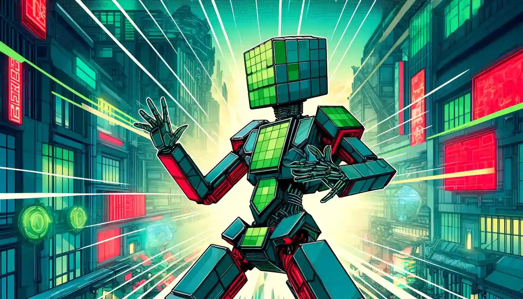 Cubic robot conducting ERC-7660 blockchain transactions in cyberpunk city