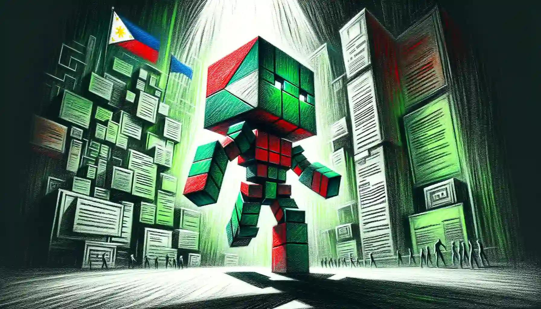 Cubic robot confronting legal maze, futuristic cityscape with Philippine and Nigerian flags
