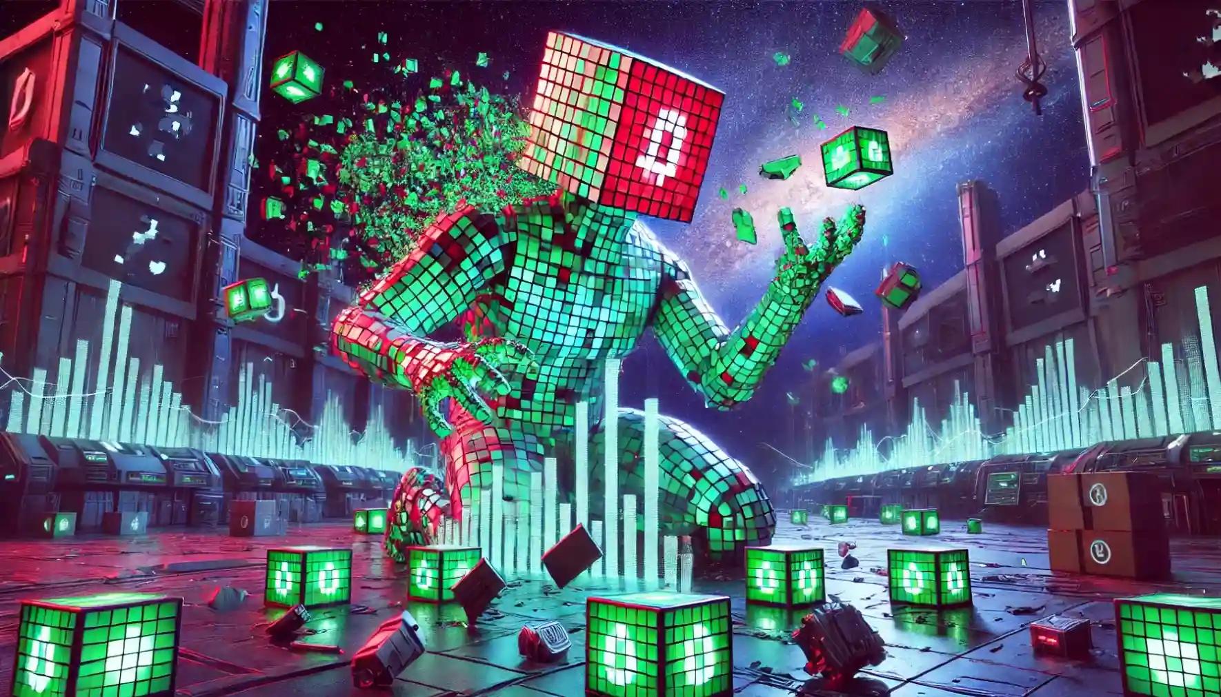 Cubic robot dismantles holographic stands, embracing organic cosmic growth vision