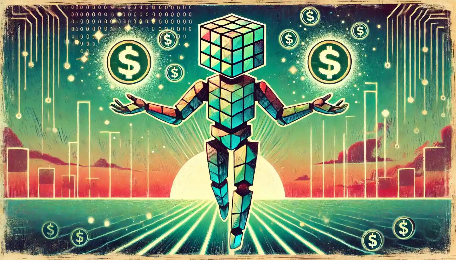 Cubic robot distributing tokens on pastel pathway