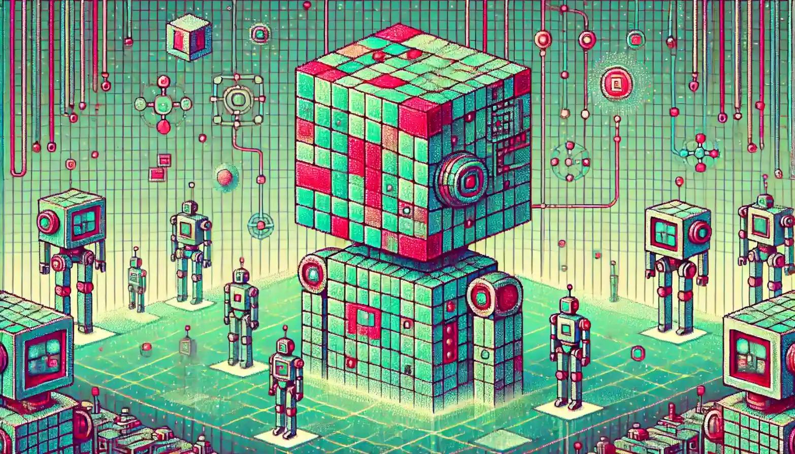 Cubic robot exchanging payments on glowing grids in AI ecosystem