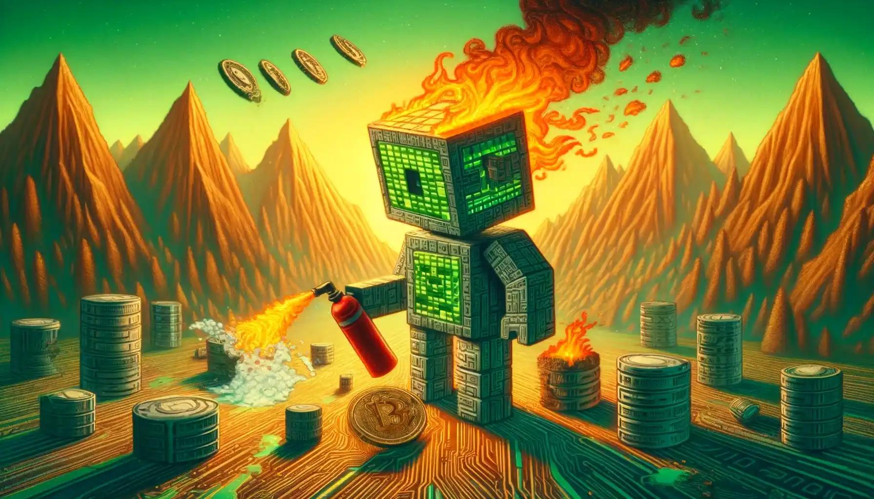 Cubic robot extinguishes burning TAO coin as phoenix coins rise