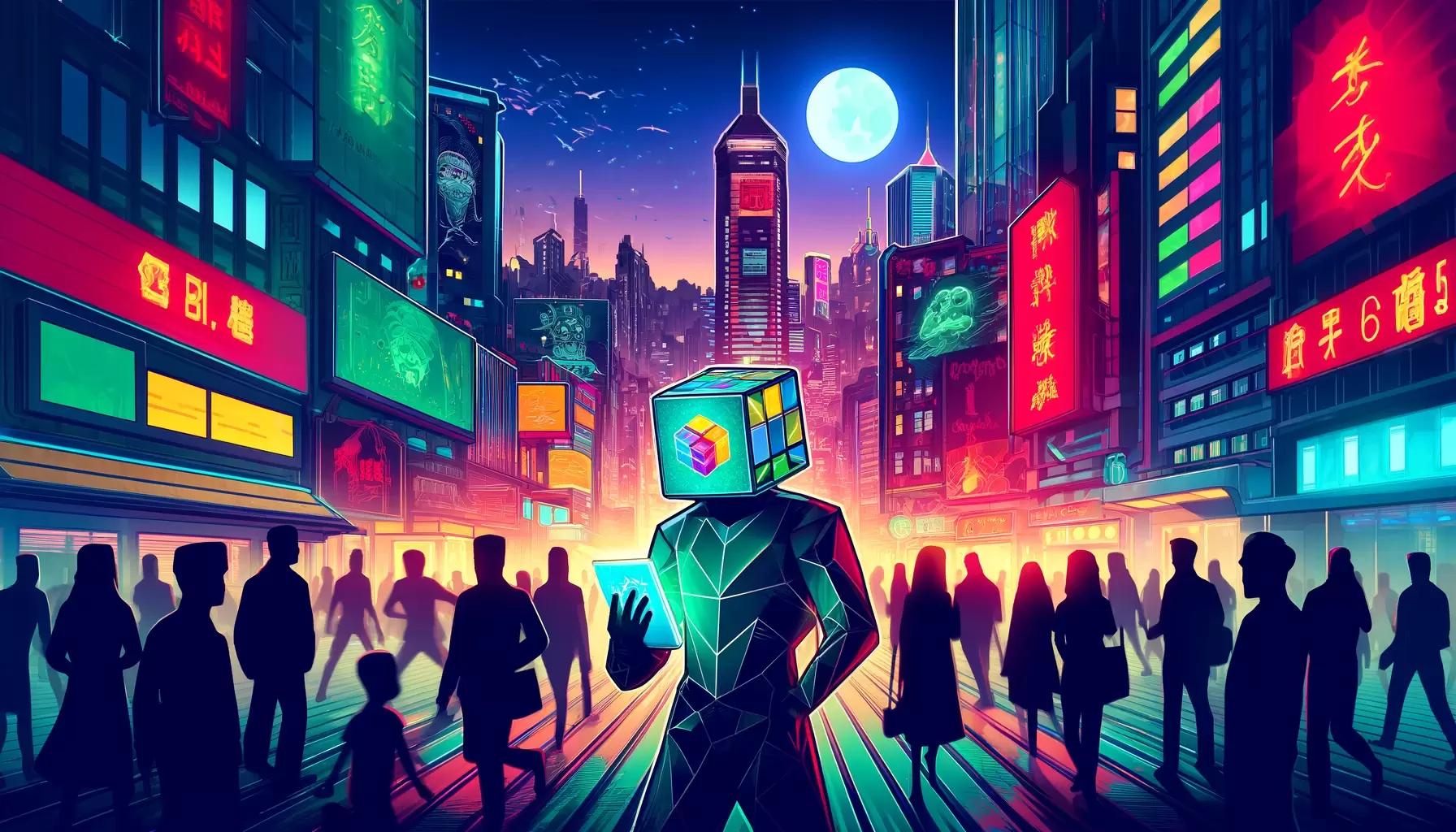 Cubic robot in Hong Kong's neon-lit district, symbolizing bitcoin ETF