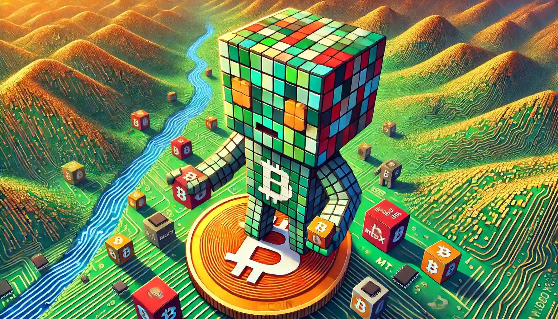 Cubic robot juggles exchange logos on Bitcoin coin amid circuit landscape