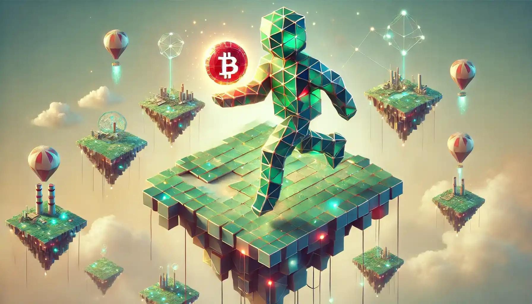 Cubic robot leaping between virtual islands, representing metaverse crypto integration