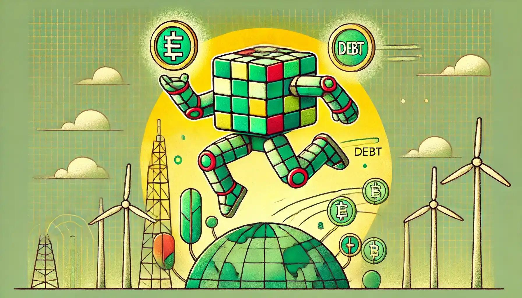 Cubic robot leaping with tokens representing equity and debt