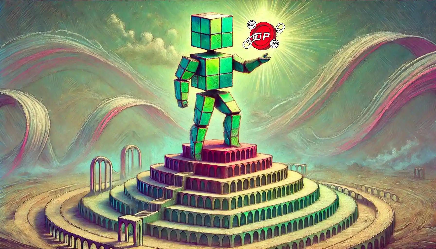 Cubic robot lifts OP symbol on blockchain mountain peak