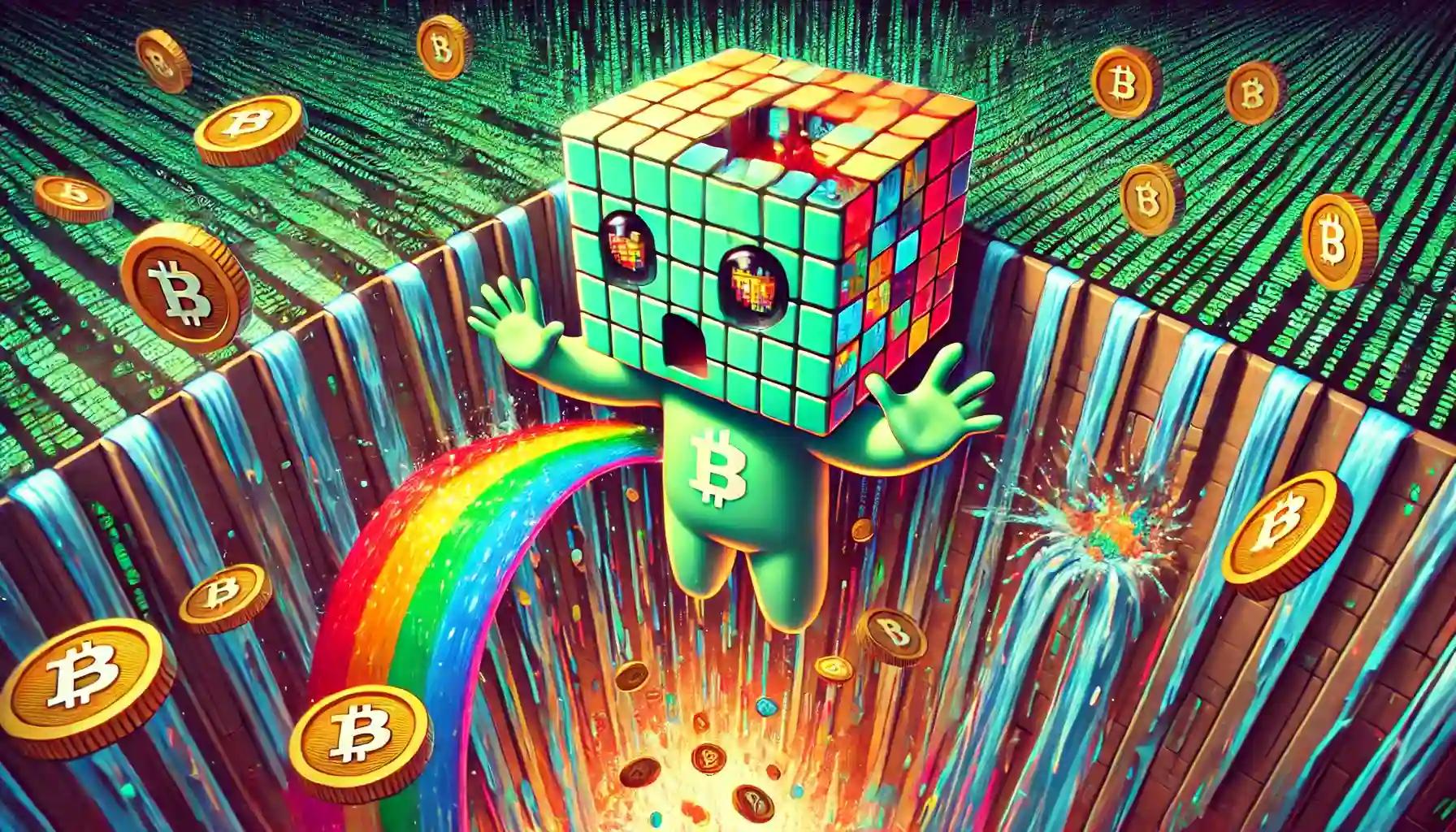 Cubic robot plugging leaks in binary dam of cryptocurrencies