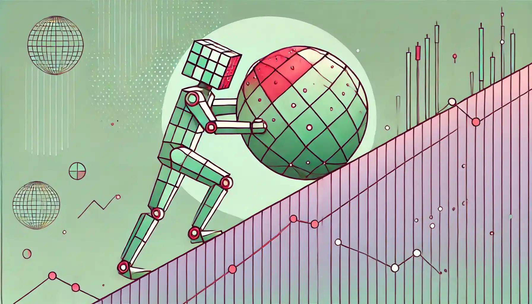 Cubic robot pushing sphere uphill, illustrating portfolio market struggles