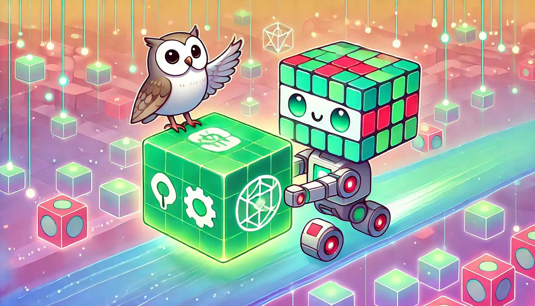 Cubic robot pushing tokenized asset cube with owl guiding movement