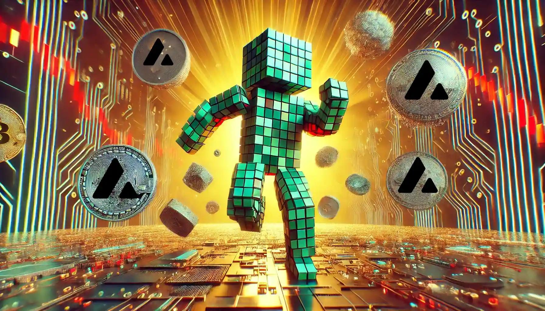 Cubic robot races through crypto landscape, catching Avalanche-related emblems