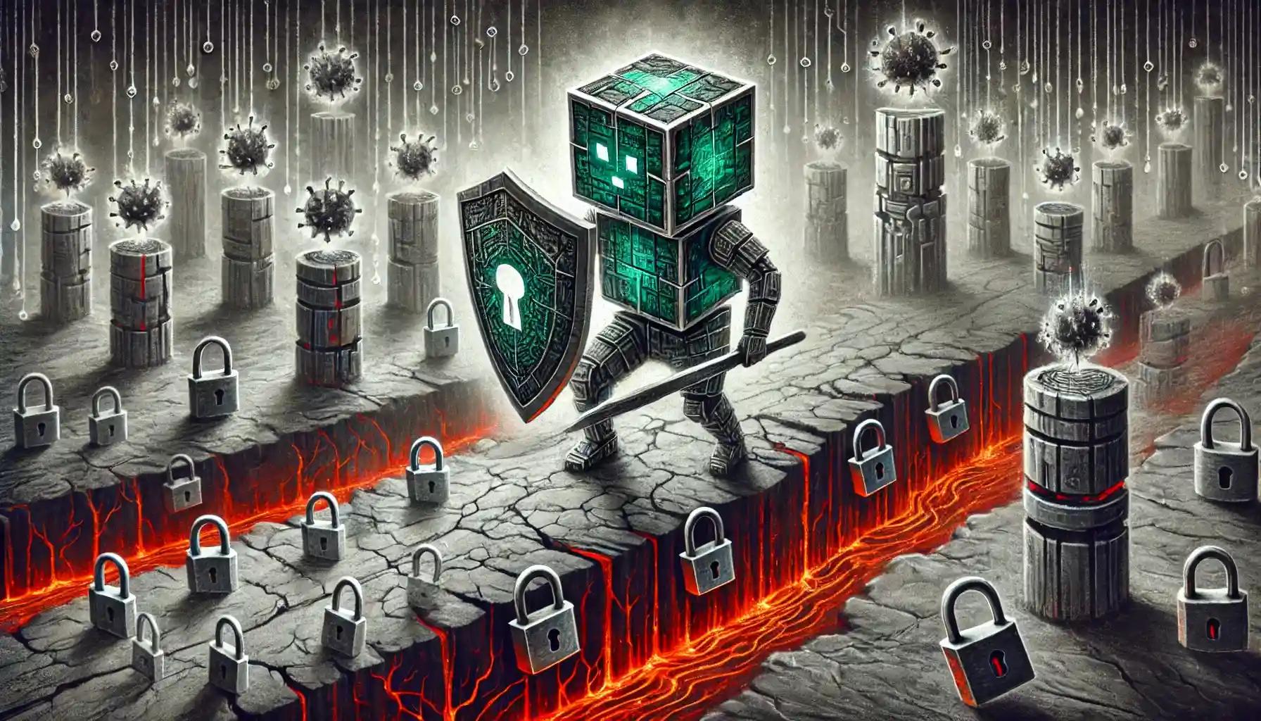 Cubic robot shields against data viruses on crumbling code bridge